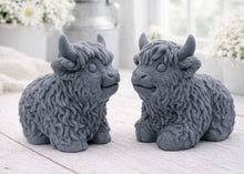 Load image into Gallery viewer, A highly detailed handmade vegan soap sculpted in the shape of a highland cow with long, flowing fur texture, a sweet face with a large snout, and prominent horns, displayed on a light wooden surface in a bright farmhouse setting.