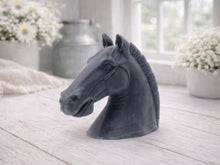Load image into Gallery viewer, Grey horse head vegan soap sculpture gift on a wooden floor with decorative elements in the background