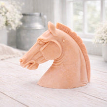 Load image into Gallery viewer, Vegan soap horse head sculpture gift on a farmhouse decor light wooden surface with a blurred floral background