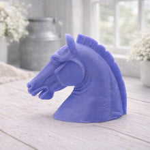 Load image into Gallery viewer, horse-shaped vegan soap gift on a farmhouse decor wooden surface with a blurred background