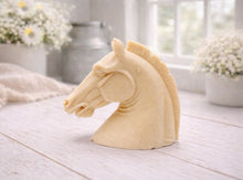 Load image into Gallery viewer, Decorative horse head vegan soap sculpture gift on a farmhouse decor wooden surface with a soft, blurred background