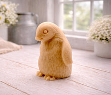 Load image into Gallery viewer, handmade vegan soap in the shape of a realistic young penguin sculpture, featuring a soft downy fur texture and a gentle expression, displayed in a bright farmhouse decor setting.