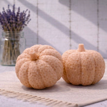 Load image into Gallery viewer, Two chunky pumpkin vegan soaps / gift set on a textured surface with a vase of lavender in the background.