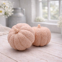Load image into Gallery viewer, handmade vegan soaps in the shape of realistic chunky pumpkins, featuring detailed bumpy skin texture and stems, displayed on a rustic white wooden surface in a bright farmhouse decor setting.