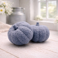 Load image into Gallery viewer, handmade vegan soaps in the shape of realistic chunky pumpkins, featuring detailed bumpy skin texture and stems, displayed on a rustic white wooden surface in a bright farmhouse decor setting.