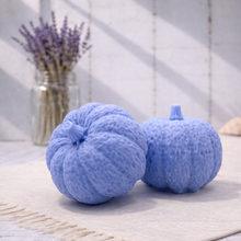 Load image into Gallery viewer, Two blue pumpkin vegan soaps / gift set on a light surface with a blurred background