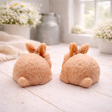 Load image into Gallery viewer, Set of two handmade vegan soaps in the shape of realistic crouching rabbits with detailed fur texture, displayed on a rustic white wooden surface in a bright farmhouse decor setting. Gift boxed.