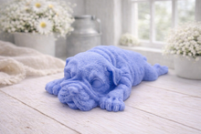 Load image into Gallery viewer, A highly detailed handmade vegan soap in a sophisticated slate-grey tone, sculpted in the shape of a Shar Pei puppy lying flat on its stomach with its head resting on its paws, featuring realistic deep skin folds and wrinkles.