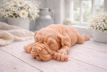 Load image into Gallery viewer, A highly detailed handmade vegan soap in a sophisticated slate-grey tone, sculpted in the shape of a Shar Pei puppy lying flat on its stomach with its head resting on its paws, featuring realistic deep skin folds and wrinkles.