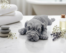 Load image into Gallery viewer, A highly detailed handmade vegan soap in a sophisticated slate-grey tone, sculpted in the shape of a Shar Pei puppy lying flat on its stomach with its head resting on its paws, featuring realistic deep skin folds and wrinkles.