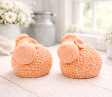 Load image into Gallery viewer, Two handmade vegan soap gift set featuring two fluffy spring lambs with detailed wool texture, displayed on a weathered white wooden surface in a bright farmhouse decor room