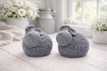 Load image into Gallery viewer, Two handmade vegan soap gift set featuring two fluffy spring lambs with detailed wool texture, displayed on a weathered white wooden surface in a bright farmhouse decor room