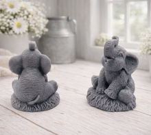 Load image into Gallery viewer, A charming gift set of two handmade vegan soaps, one sculpted as a sitting baby elephant with a trunk raised in a greeting and the other as a smaller standing calf, displayed on a light wooden surface in a bright farmhouse setting.