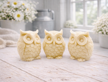Load image into Gallery viewer, A gift set featuring three handmade vegan soaps shaped like barn owls , arranged in a row on a light wooden surface with white flowers in the background