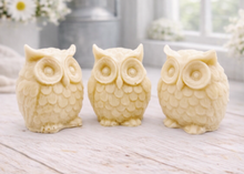 Load image into Gallery viewer, A gift set featuring three handmade vegan soaps shaped like barn owls , arranged in a row on a light wooden surface with white flowers in the background