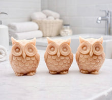 Load image into Gallery viewer, A gift set featuring three handmade vegan soaps shaped like barn owls , arranged in a row on a light wooden surface with white flowers in the background