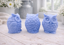 Load image into Gallery viewer, A gift set featuring three handmade vegan soaps shaped like barn owls , arranged in a row on a light wooden surface with white flowers in the background