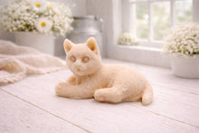 Load image into Gallery viewer, A highly detailed handmade vegan soap sculpted in the shape of a sitting cat with its tail curled around its paws, featuring realistic fur texture and a sweet facial expression, displayed on a light wooden surface.