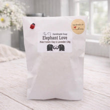 Load image into Gallery viewer, Handmade soap package with 'Elephant Love' branding on a light wooden surface.