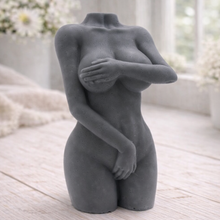 Load image into Gallery viewer, A 3D handmade vegan soap sculpted into a detailed female torso with soft, realistic curves and defined musculature and displayed in a bright farmhouse setting.