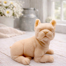 Load image into Gallery viewer, A highly detailed handmade vegan soap in a sophisticated pink tone, sculpted in the shape of a French bulldog puppy sitting upright with its characteristic large ears and wrinkled face, displayed on a light wooden surface.