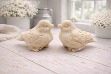 Load image into Gallery viewer, A handmade vegan soap gift set featuring two soaps sculpted into round, feathered birds facing each other, presented in a brown kraft box tied with a red raffia ribbon and decorated with a small bee and ladybird.