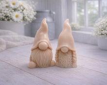 Load image into Gallery viewer, A pair of handmade vegan soaps, featuring a Mr and Mrs Gnome (gonk) set; one with a full textured beard and the other with thick braided plaits, both wearing tall, pointed hats. Gift boxed.