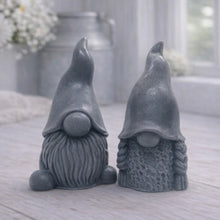 Load image into Gallery viewer, A pair of handmade vegan soaps, featuring a Mr and Mrs Gnome (gonk) set; one with a full textured beard and the other with thick braided plaits, both wearing tall, pointed hats. Gift boxed.