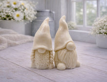 Load image into Gallery viewer, A pair of handmade vegan soaps, featuring a Mr and Mrs Gnome (gonk) set; one with a full textured beard and the other with thick braided plaits, both wearing tall, pointed hats. Gift boxed.