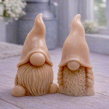Load image into Gallery viewer, A pair of handmade vegan soaps, featuring a Mr and Mrs Gnome (gonk) set; one with a full textured beard and the other with thick braided plaits, both wearing tall, pointed hats. Gift boxed.