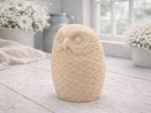 Load image into Gallery viewer, A detailed large handmade vegan soap gift in the shape of an owl with intricate feather textures, displayed on a light wooden table with white flowers in the background.