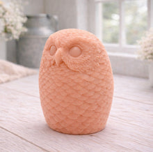Load image into Gallery viewer, A detailed large handmade vegan soap gift in the shape of an owl with intricate feather textures, displayed on a light wooden table with white flowers in the background.