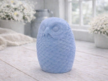 Load image into Gallery viewer, A detailed large handmade vegan soap gift in the shape of an owl with intricate feather textures, displayed on a light wooden table with white flowers in the background.
