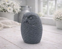 Load image into Gallery viewer, A detailed large handmade vegan soap gift in the shape of an owl with intricate feather textures, displayed on a light wooden table with white flowers in the background.