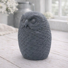 Load image into Gallery viewer, A detailed large handmade vegan soap gift in the shape of an owl with intricate feather textures, displayed on a light wooden table with white flowers in the background.