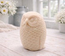 Load image into Gallery viewer, A detailed handmade vegan soap in the shape of an owl with intricate feather textures, displayed on a light wooden table with white flowers in the background.