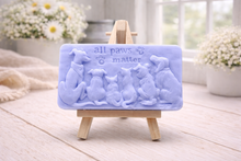 Load image into Gallery viewer, A rectangular handmade vegan soap bar gift, featuring a detailed relief carving of several dogs and a cat sitting together, with the words "all paws matter" and two paw prints embossed at the top, displayed on a wooden easel. Made in Blackpool.