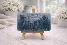 Load image into Gallery viewer, A rectangular handmade vegan soap bar gift, featuring a detailed relief carving of several dogs and a cat sitting together, with the words "all paws matter" and two paw prints embossed at the top, displayed on a wooden easel. Made in Blackpool.