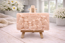 Load image into Gallery viewer, A rectangular handmade vegan soap bar gift, featuring a detailed relief carving of several dogs and a cat sitting together, with the words "all paws matter" and two paw prints embossed at the top, displayed on a wooden easel. Made in Blackpool.