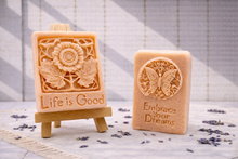 Load image into Gallery viewer, Handmade vegan soaps featuring a set of two positive quote soaps, gift boxed in beautiful eco friendly packaging. embrace your dreams and life’s good wording.