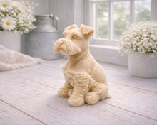 Load image into Gallery viewer, A detailed handmade vegan soap sculpted in the shape of a sitting Schnauzer dog with characteristic fluffy eyebrows and beard, in a natural colour, set against a bright window and white flowers. By soap Simple creations