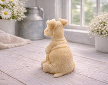 Load image into Gallery viewer, A detailed handmade vegan soap sculpted in the shape of a sitting Schnauzer dog with characteristic fluffy eyebrows and beard, in a natural colour, set against a bright window and white flowers. By soap Simple creations