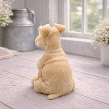 Load image into Gallery viewer, A detailed handmade vegan soap sculpted in the shape of a sitting Schnauzer dog with characteristic fluffy eyebrows and beard, in a natural colour, set against a bright window and white flowers. By soap Simple creations