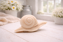 Load image into Gallery viewer, A highly detailed handmade vegan soap gift, sculpted in the shape of a realistic snail with a prominent spiralled shell and a textured, leathery body, displayed on a light wooden surface. Handmade in Blackpool.
