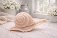 Load image into Gallery viewer, A highly detailed handmade vegan soap in a slate-grey tone, sculpted in the shape of a realistic snail with a prominent spiralled shell and a textured, leathery body, displayed on a light wooden surface.