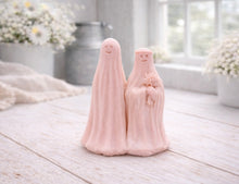 Load image into Gallery viewer, handmade vegan soap featuring a ghostly bride with a bouquet and a groom, a unique farmhouse decor wedding or anniversary gift