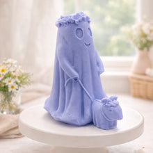 Load image into Gallery viewer, handmade vegan soap featuring a ghost with a flower crown walking a small dog, set against a soft pastel background for a whimsical farmhouse decor touch.