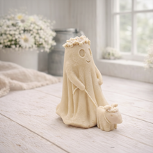 Load image into Gallery viewer, handmade vegan soap featuring a ghost with a flower crown walking a small dog, set against a soft pastel background for a whimsical farmhouse decor touch.
