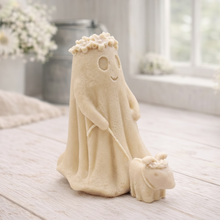 Load image into Gallery viewer, handmade vegan soap featuring a ghost with a flower crown walking a small dog, set against a soft pastel background for a whimsical farmhouse decor touch.