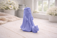 Load image into Gallery viewer, handmade vegan soap featuring a ghost with a flower crown walking a small dog, set against a soft pastel background for a whimsical farmhouse decor touch.